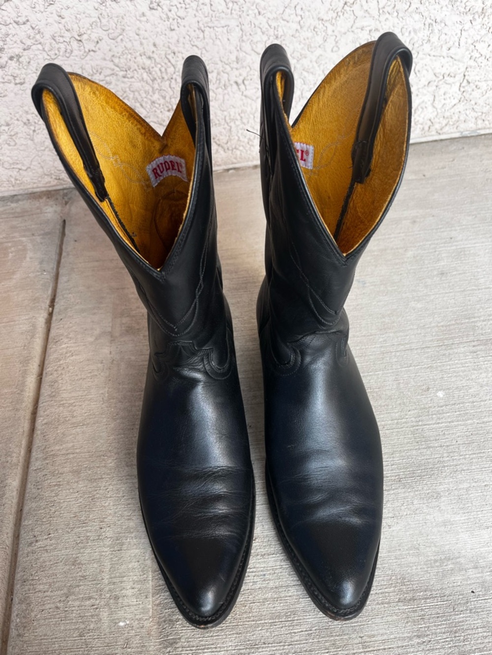 RUDEL Black Leather Western Boots with Gold Lining